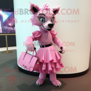 Pink Hyena mascot costume character dressed with a Empire Waist Dress and Handbags