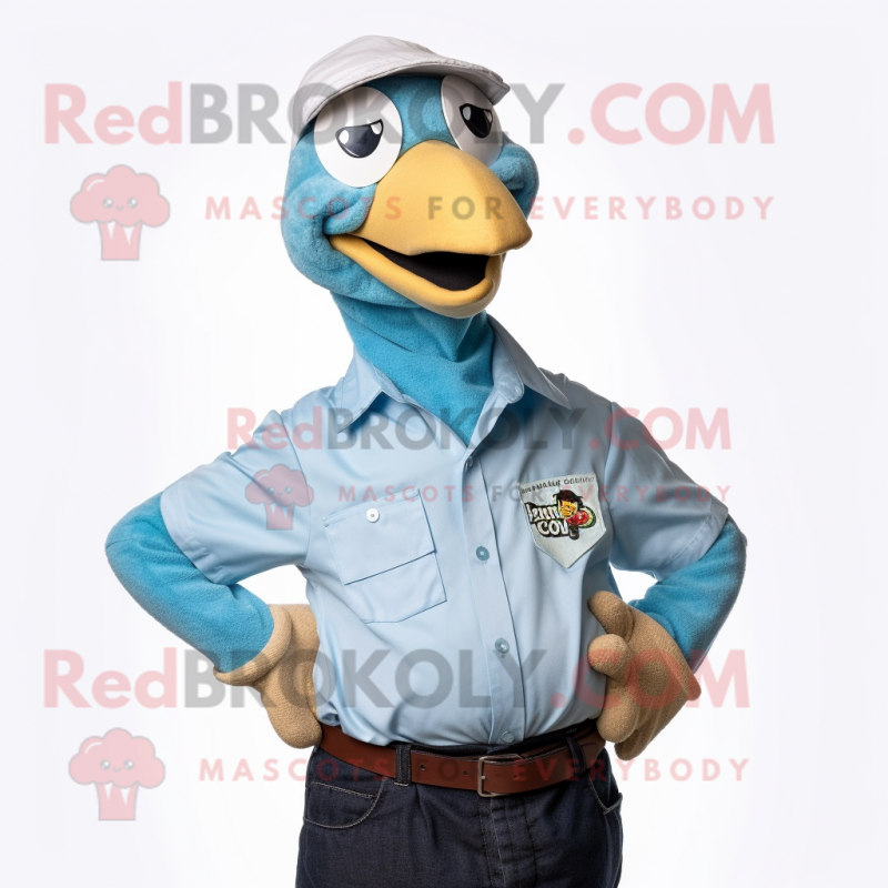 Sky Blue Dodo Bird mascot costume character dressed with a Oxford Shirt and Brooches