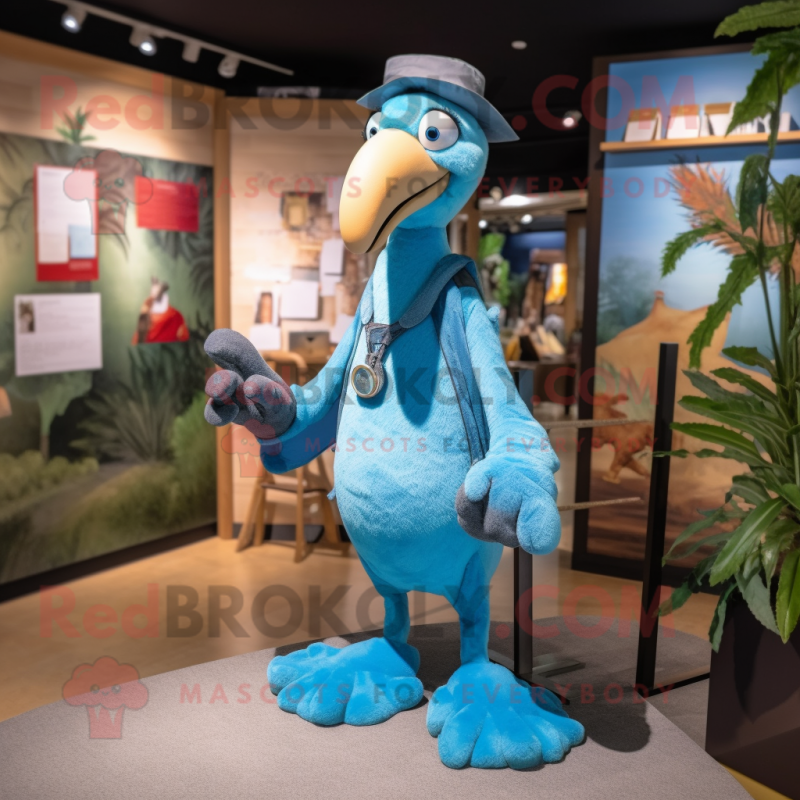 Sky Blue Dodo Bird mascot costume character dressed with a Oxford Shirt and Brooches