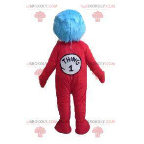 Mascotte del ragazzo in tuta rossa e capelli blu -