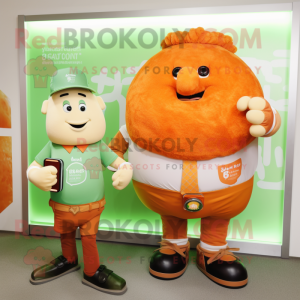 Orange Corned Beef And Cabbage mascot costume character dressed with a Button-Up Shirt and Smartwatches