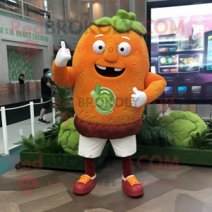Orange Corned Beef And Cabbage mascot costume character dressed with a Button-Up Shirt and Smartwatches