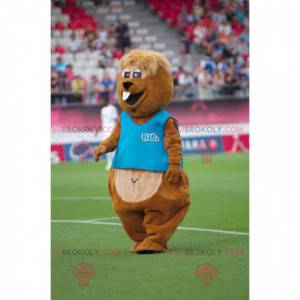 Mascotte de castor marron et rigolo avec un t-shirt bleu -