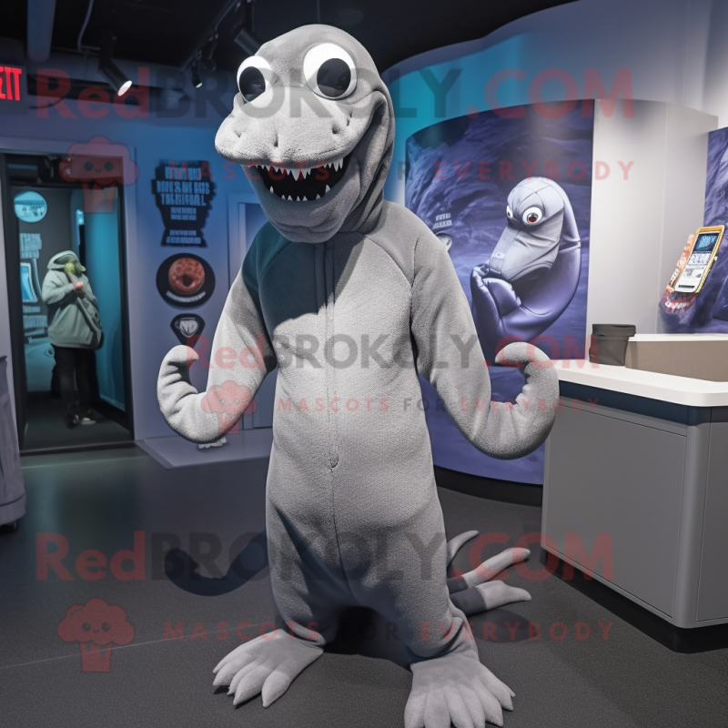 Gray Hydra mascot costume character dressed with a Cover-up and Beanies Gray Hydra mascot costume character dressed with a Cover-up and Beanies