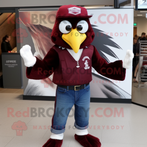 Maroon Eagle mascot costume character dressed with a Jeans and Hats