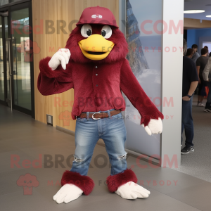 Maroon Eagle mascot costume character dressed with a Jeans and Hats