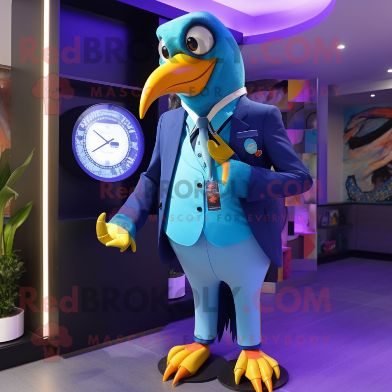 Blue Toucan mascot costume character dressed with a Suit Jacket and Digital watches