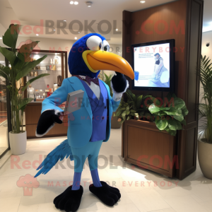 Blue Toucan mascot costume character dressed with a Suit Jacket and Digital watches