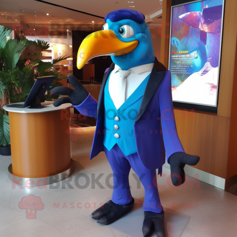 Blue Toucan mascot costume character dressed with a Suit Jacket and Digital watches