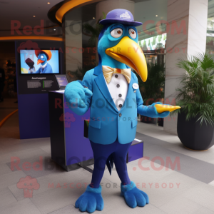Blue Toucan mascot costume character dressed with a Suit Jacket and Digital watches
