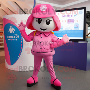Pink Momentum mascot costume character dressed with a Playsuit and Caps