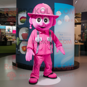 Pink Momentum mascot costume character dressed with a Playsuit and Caps