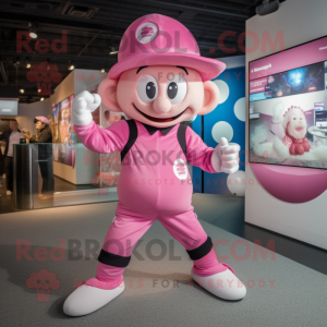 Pink Momentum mascot costume character dressed with a Playsuit and Caps