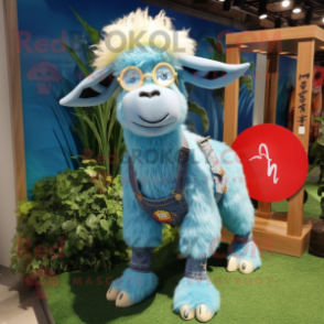 Sky Blue Angora Goat mascot costume character dressed with a Denim Shorts and Keychains