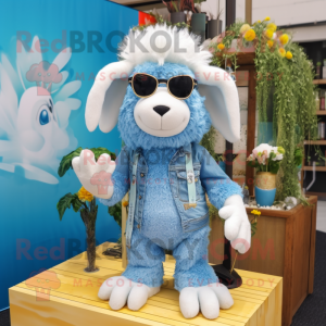 Sky Blue Angora Goat mascot costume character dressed with a Denim Shorts and Keychains