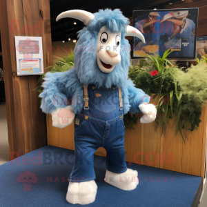 Sky Blue Angora Goat mascot costume character dressed with a Denim Shorts and Keychains