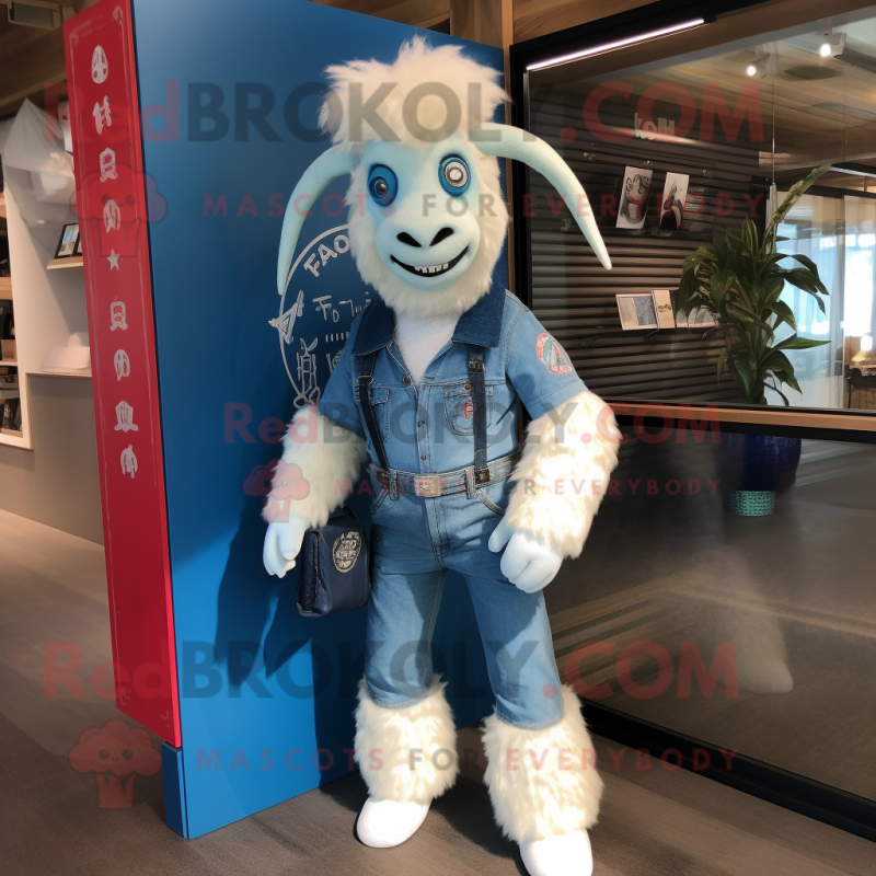 Sky Blue Angora Goat mascot costume character dressed with a Denim Shorts and Keychains