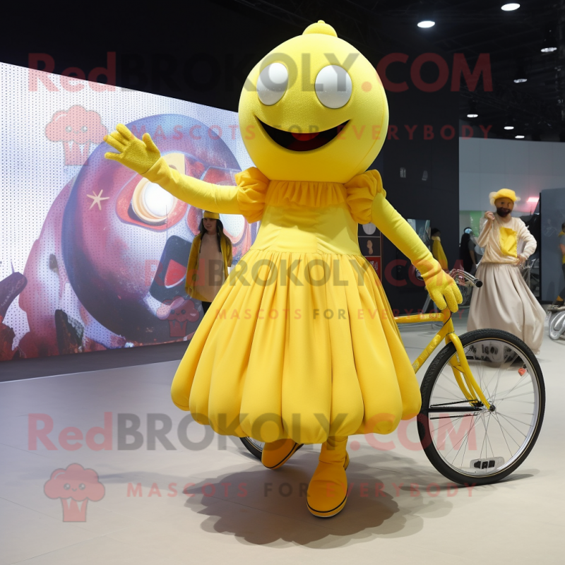 Yellow Unicyclist mascot costume character dressed with a Ball Gown and Mittens