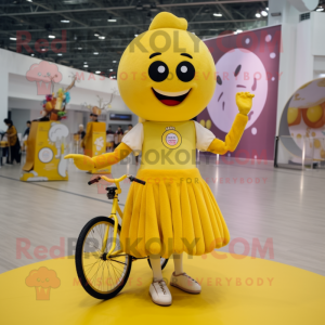 Yellow Unicyclist mascot costume character dressed with a Ball Gown and Mittens