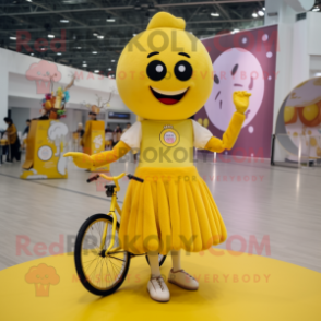 Yellow Unicyclist mascot costume character dressed with a Ball Gown and Mittens