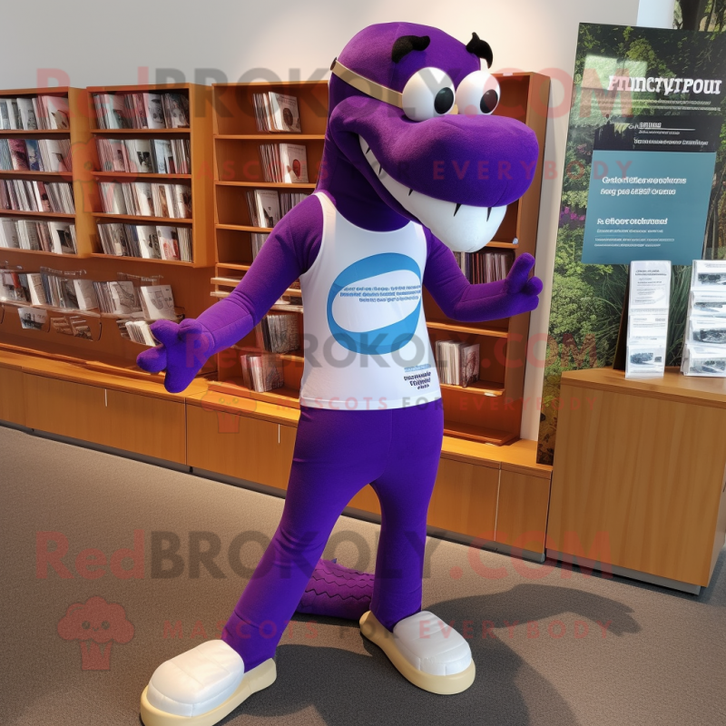 Purple Loch Ness Monster mascot costume character dressed with a Running Shorts and Reading glasses Purple Loch Ness Monster mascot costume character dressed with a Running Shorts and Reading glasses