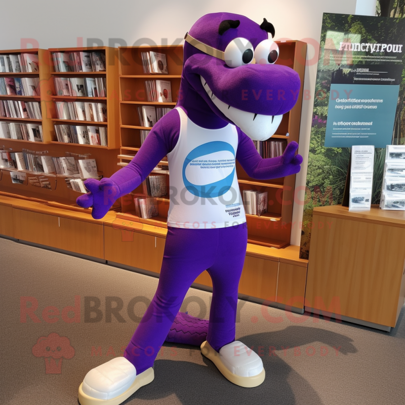 Purple Loch Ness Monster mascot costume character dressed with a Running Shorts and Reading glasses