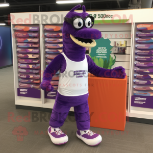 Purple Loch Ness Monster mascot costume character dressed with a Running Shorts and Reading glasses
