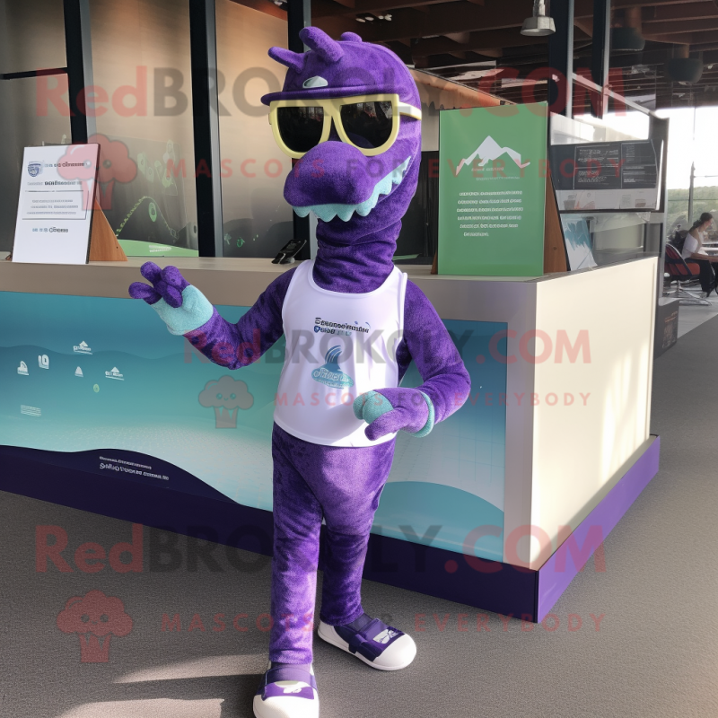 Purple Loch Ness Monster mascot costume character dressed with a Running Shorts and Reading glasses