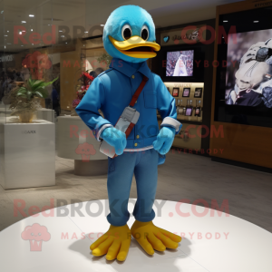 Blue Duck mascot costume character dressed with a Skinny Jeans and Bracelet watches