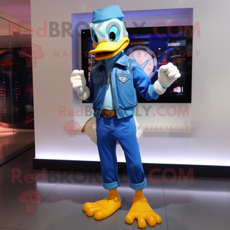 Blue Duck mascot costume character dressed with a Skinny Jeans and Bracelet watches