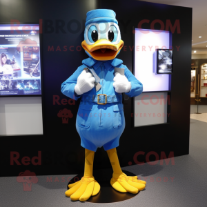 Blue Duck mascot costume character dressed with a Skinny Jeans and Bracelet watches