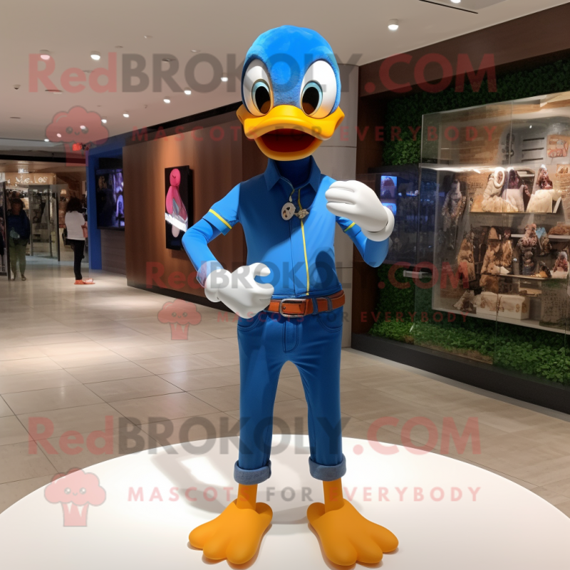 Blue Duck mascot costume character dressed with a Skinny Jeans and Bracelet watches Blue Duck mascot costume character dressed with a Skinny Jeans and Bracelet watches