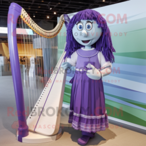 Purple Celtic Harp mascot costume character dressed with a Mini Skirt and Shoe laces