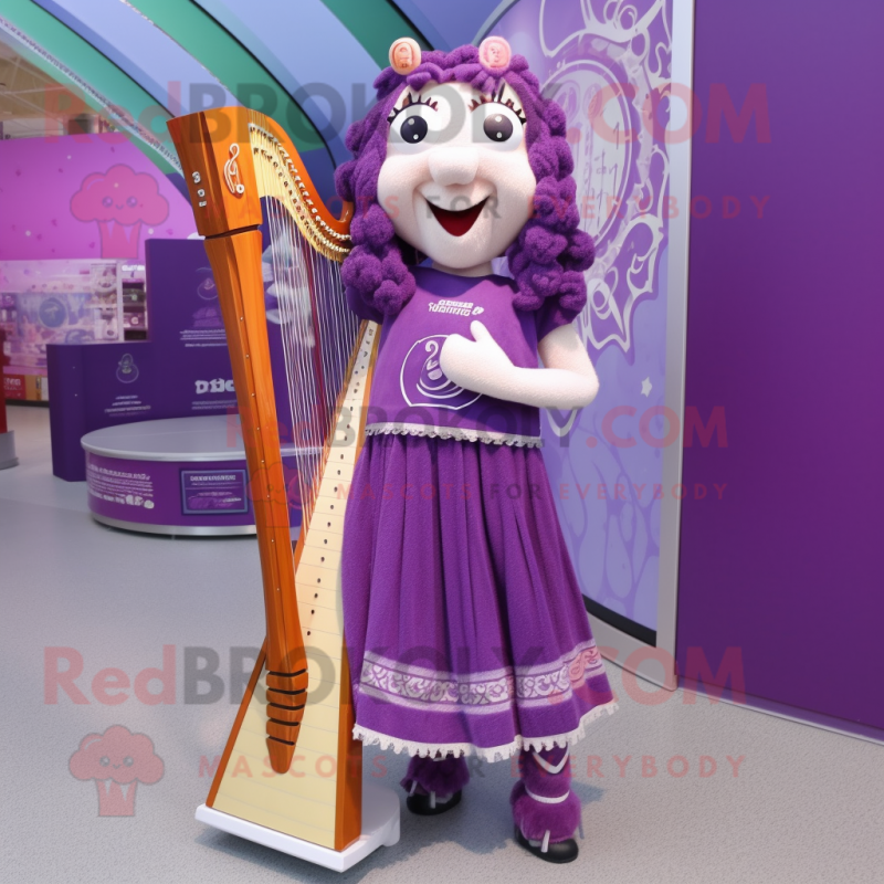 Purple Celtic Harp mascot costume character dressed with a Mini Skirt and Shoe laces Purple Celtic Harp mascot costume character dressed with a Mini Skirt and Shoe laces