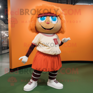 Rust Baseball Ball mascot costume character dressed with a Mini Skirt and Hair clips