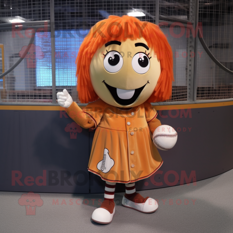 Rust Baseball Ball mascot costume character dressed with a Mini Skirt and Hair clips