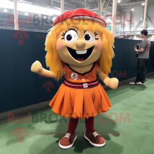 Rust Baseball Ball mascot costume character dressed with a Mini Skirt and Hair clips