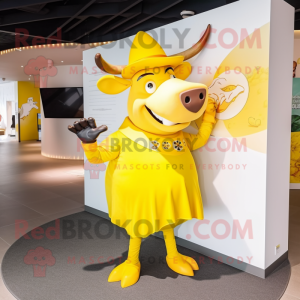 Yellow Bull mascot costume character dressed with a Wrap Skirt and Hats