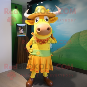 Yellow Bull mascot costume character dressed with a Wrap Skirt and Hats