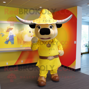 Yellow Bull mascot costume character dressed with a Wrap Skirt and Hats