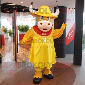 Yellow Bull mascot costume character dressed with a Wrap Skirt and Hats