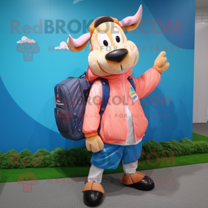 Peach Zebu mascot costume character dressed with a Windbreaker and Backpacks