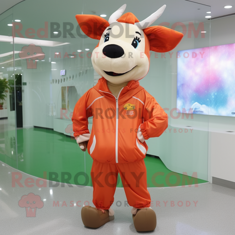 Peach Zebu mascot costume character dressed with a Windbreaker and Backpacks Peach Zebu mascot costume character dressed with a Windbreaker and Backpacks