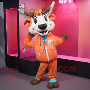Peach Zebu mascot costume character dressed with a Windbreaker and Backpacks