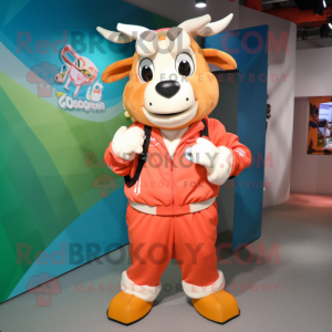 Peach Zebu mascot costume character dressed with a Windbreaker and Backpacks