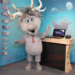 Silver Elk mascot costume character dressed with a Suit and Hair clips