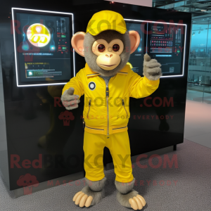 Lemon Yellow Monkey mascot costume character dressed with a Jacket and Digital watches