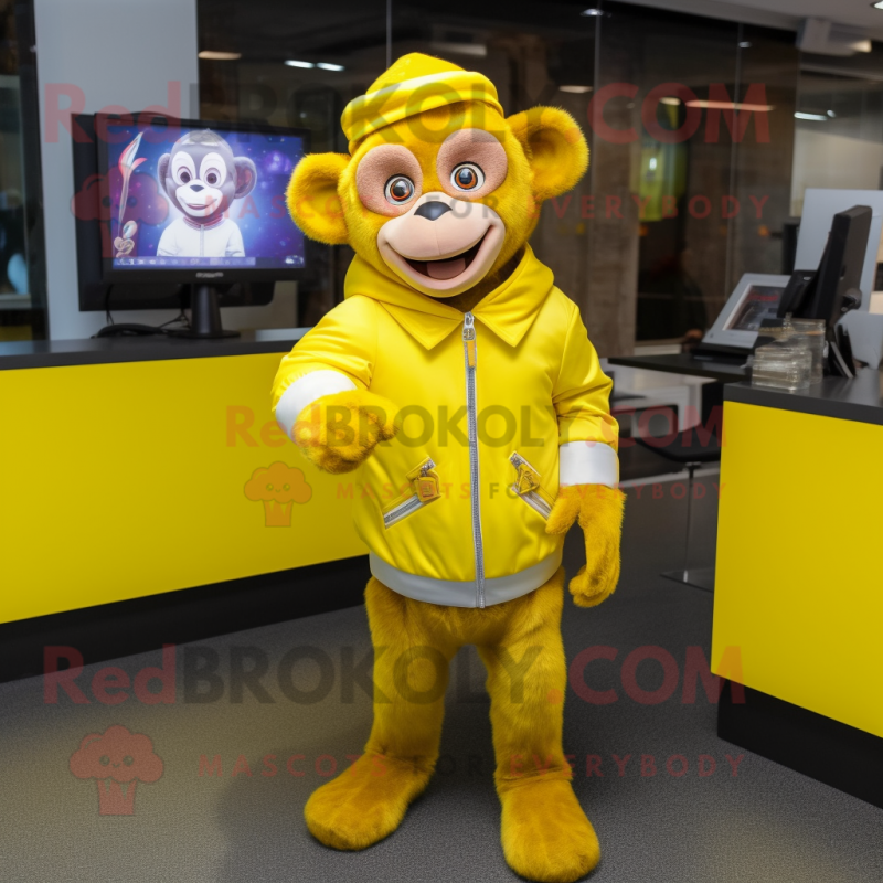 Lemon Yellow Monkey mascot costume character dressed with a Jacket and Digital watches