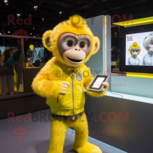 Lemon Yellow Monkey mascot costume character dressed with a Jacket and Digital watches