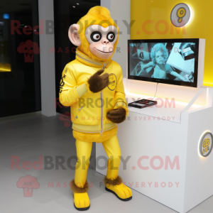 Lemon Yellow Monkey mascot costume character dressed with a Jacket and Digital watches